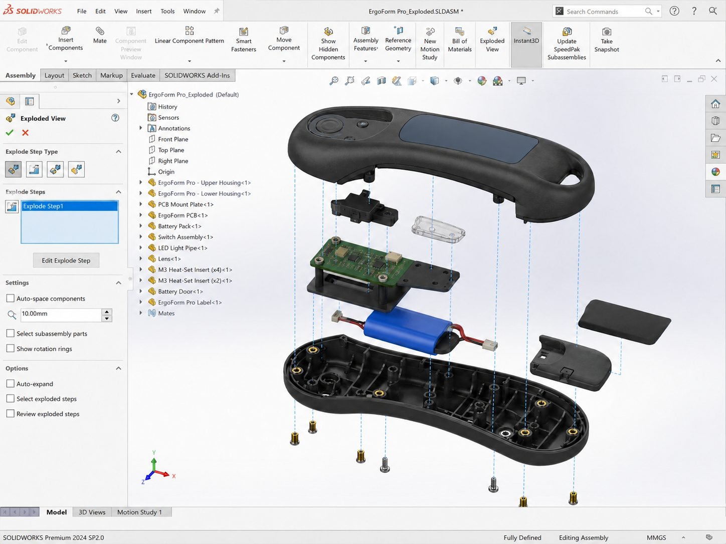 Handheld power tool housing exploded view with PCB battery and switch assembly